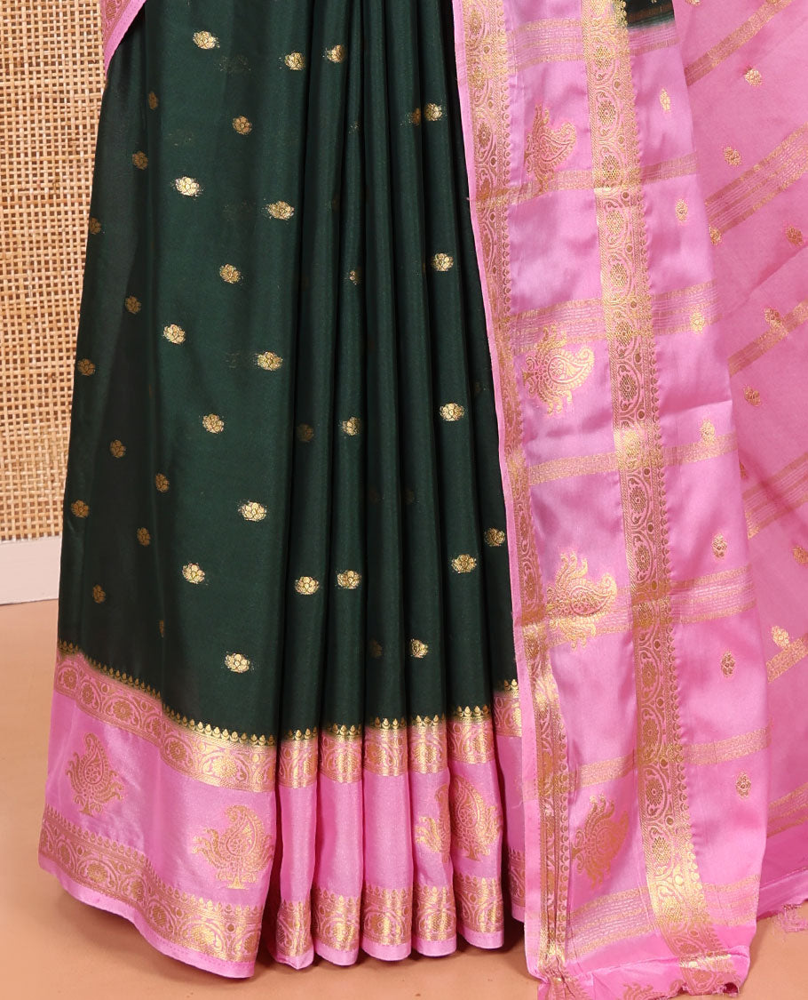 Green Art Mysore Silk Saree, Adorned with Zari Buttas All Over Its Body, Complemented by a Contrast  Traditional Zari Border, Pallu Features Zari Designs, and Paired with a Contrast Blouse