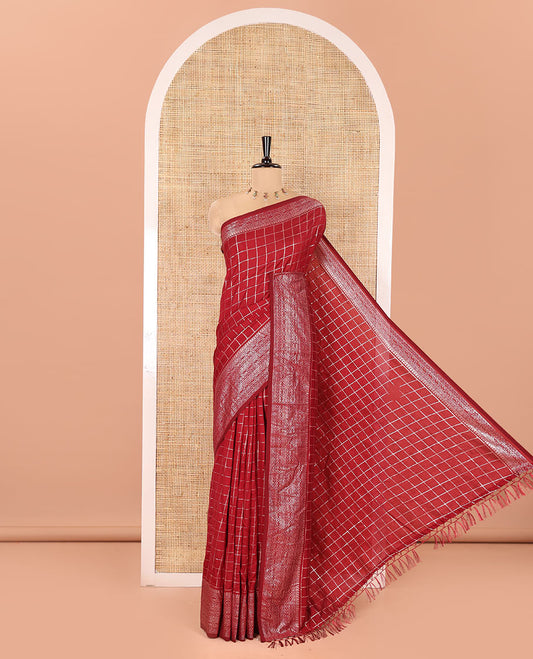 Maroon Vichitra Saree, Gleamed up with Medium-Sized Checked Design on Its Body, Highlighted by a Traditional Design Border, Self-Pallu, and Comes Without a Blouse