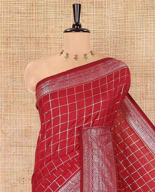 Maroon Vichitra Saree, Gleamed up with Medium-Sized Checked Design on Its Body, Highlighted by a Traditional Design Border, Self-Pallu, and Comes Without a Blouse