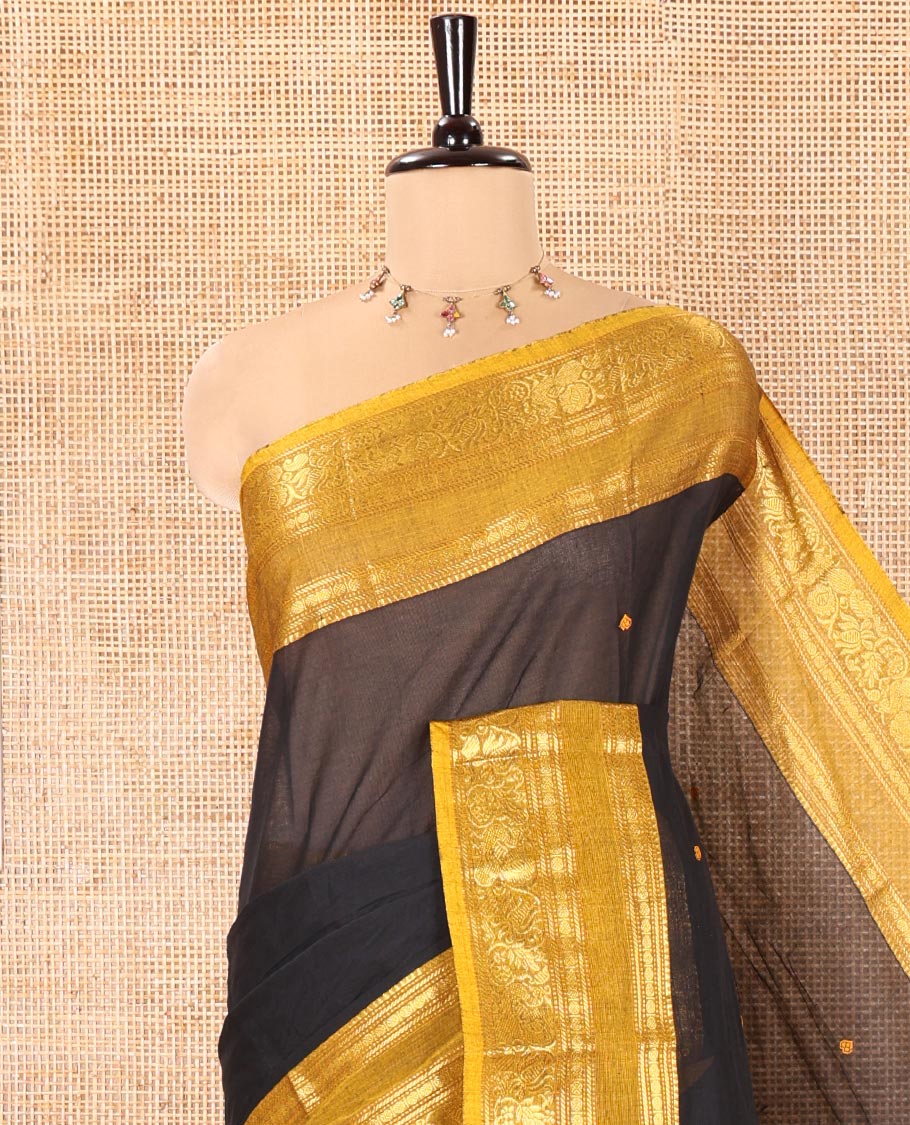 Black Chettinad Cotton Saree, Adorned with Buttas All Over Its Body, Complemented by a Contrast Traditional Zari Rettai Pettu Border, Pallu of Stripes and Buttas, and Paired with a Matching Blouse