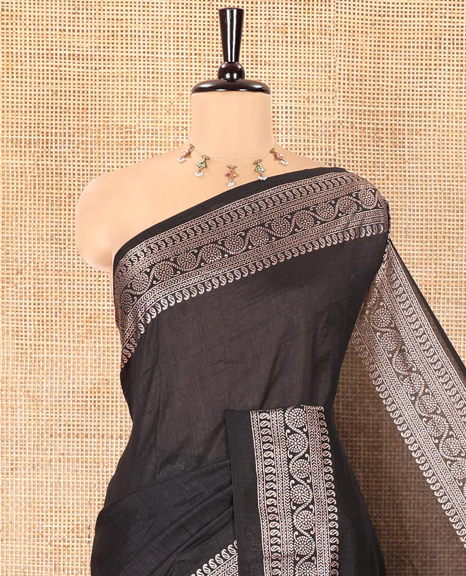 Black Plain Vichitra Silk Saree, Subtle Traditional Motifs Woven Border, Plain Pallu, and Paired with a Matching Blouse