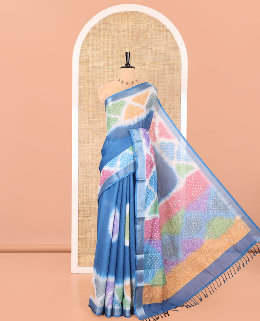 Blue Plain Linen Cotton Saree, Highlighted by a Colorful Bandhani Printed Zari Border, Pallu of Bandhani Print, and Paired with a Matching Bandhani Printed Blouse
