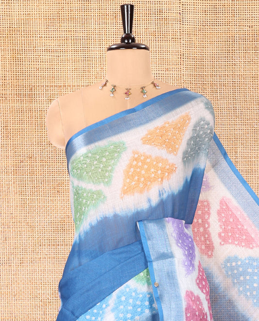 Blue Plain Linen Cotton Saree, Highlighted by a Colorful Bandhani Printed Zari Border, Pallu of Bandhani Print, and Paired with a Matching Bandhani Printed Blouse