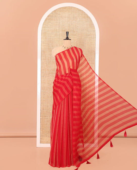 Borderless Red Light Weight Chiffon Saree, Detailed with Vertical Stripes All Over Its Body, Subtle Self-Pallu, and Paired with a Matching Blouse