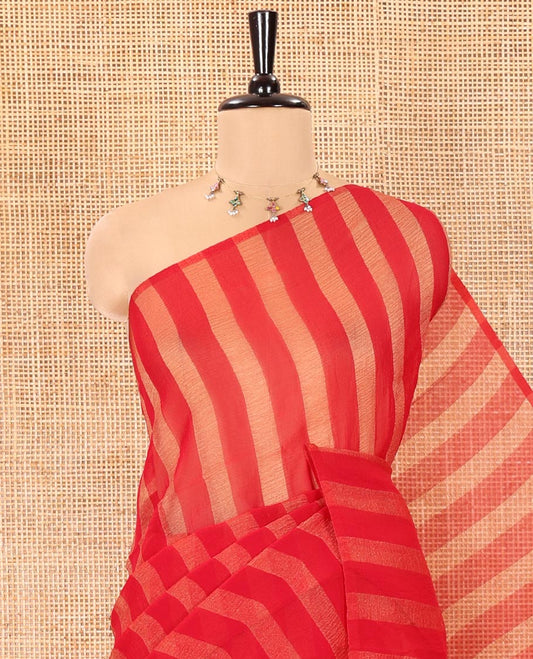 Borderless Red Light Weight Chiffon Saree, Detailed with Vertical Stripes All Over Its Body, Subtle Self-Pallu, and Paired with a Matching Blouse