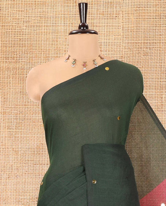 Borderless Green Khadi Mul Cotton Saree, Adorned with Sequins Work All Over Its Body, Complemented by Contrast Pallu of Sequins Work and Paired with a Contrast Blouse