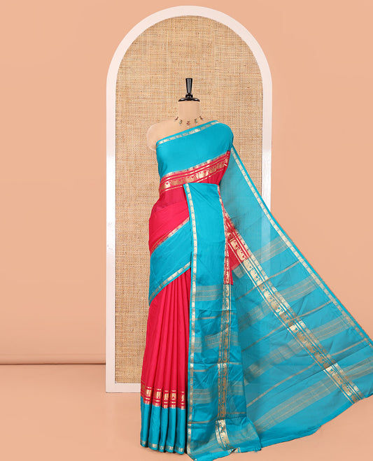 Pink Plain Art Mysore Silk Saree, Complemented by Captivating Contrast Rettai Pettu Traditional Border of Elephant Zari Buttas, Striped Pallu, and Paired with a Contrast Blouse