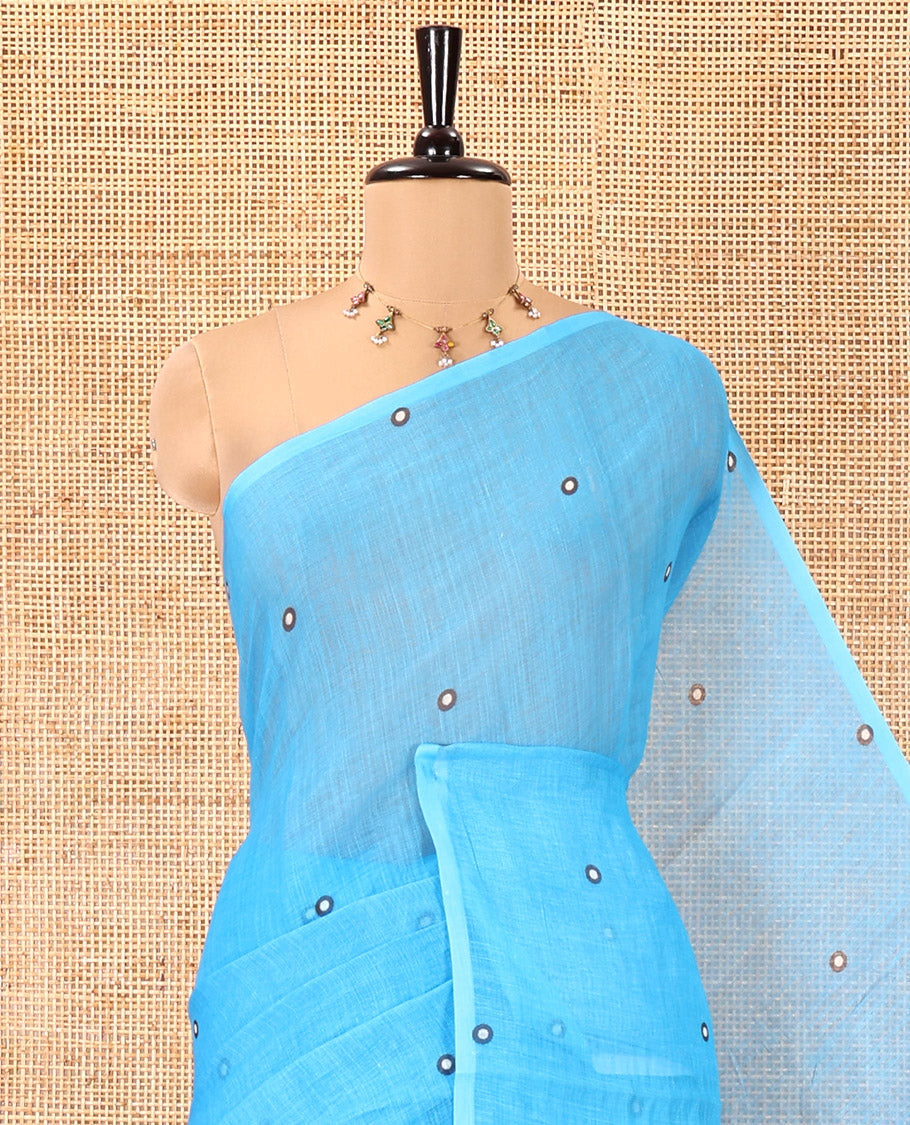 Borderless Blue Linen Cotton Saree, Accentuated with Polka Dot Print, Complemented by Contrast Geometric Printed Pallu, and Paired with a Contrast Blouse