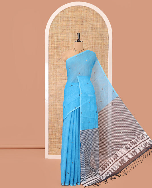 Borderless Blue Linen Cotton Saree, Accentuated with Polka Dot Print, Complemented by Contrast Geometric Printed Pallu, and Paired with a Contrast Blouse