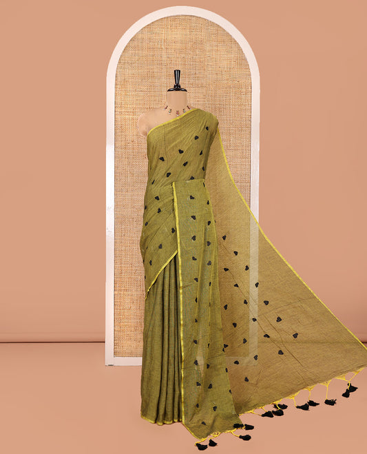 Borderless Mehandi Khadi Mul Cotton Saree, Delicately Woven with Heart Motifs Embroidered All Over Its Body, a Self-Pallu, and Matching Blouse