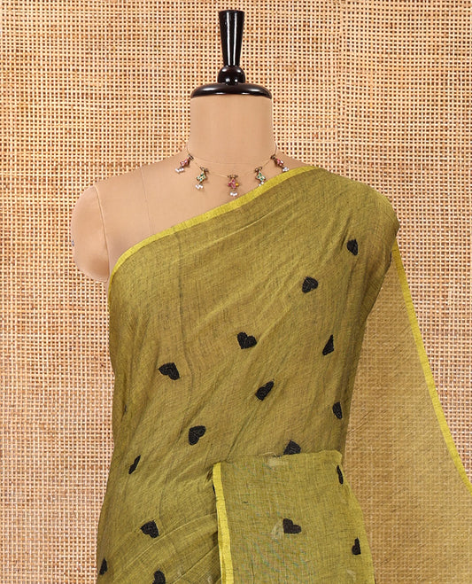 Borderless Mehandi Khadi Mul Cotton Saree, Delicately Woven with Heart Motifs Embroidered All Over Its Body, a Self-Pallu, and Matching Blouse