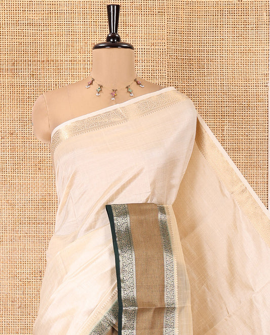 Cream-Green Art Tussar Saree, Contrast Rettai Pettu Traditional Border, Zari Striped Pallu, and a Contrast Blouse