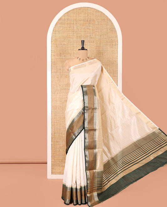 Cream-Green Art Tussar Saree, Contrast Rettai Pettu Traditional Border, Zari Striped Pallu, and a Contrast Blouse