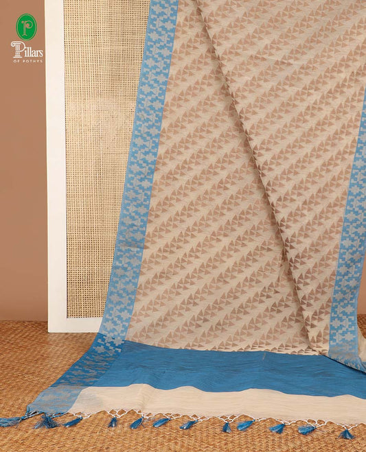 Chikku color with blue cross fancy design banaras soft kotta saree with thread woven border & chit pallu along with running blouse