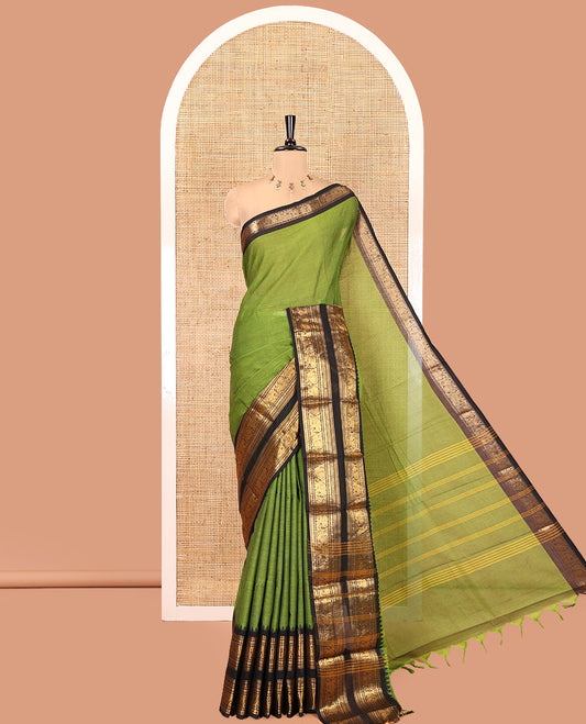 Green Plain Chettinad Cotton Saree, Contrast Traditional Rettai Pettu Temple Border of Peacock and Elephant Designs, Striped Pallu,With Matching Blouse
