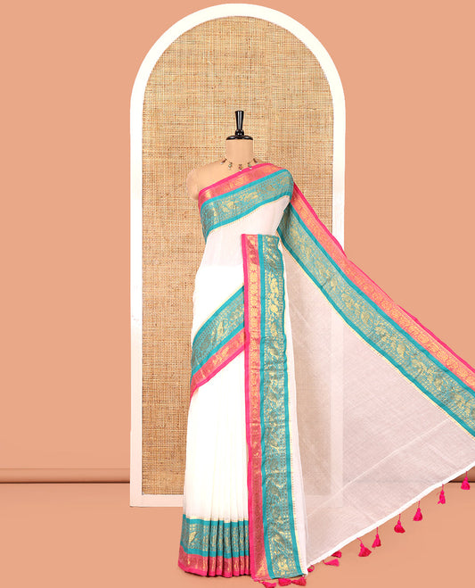 Cream Plain Khadi Mul Cotton Saree, Complemented by a Contrast Traditional Zari Border of Floral Creeper Designs, and a Matching Blouse