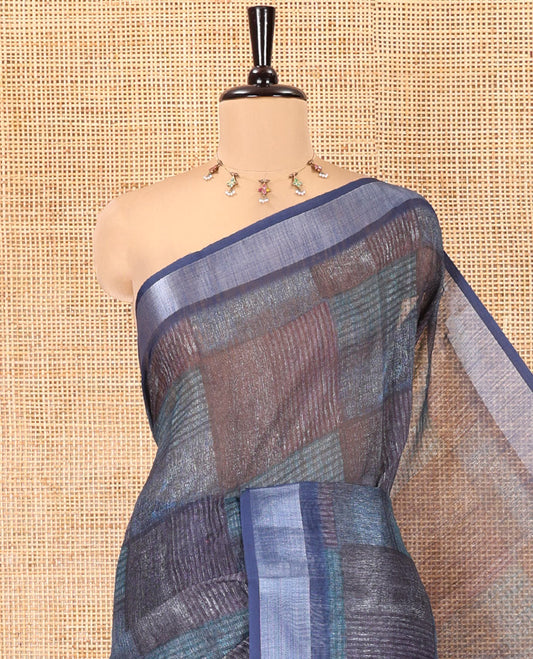 Blue Linen Cotton Saree, Bedecked with Big Checked Design Abstract Print on Its Body, a Subtle Bavanji Border, Geometric Printed Pallu, and Paired with a Matching Blouse