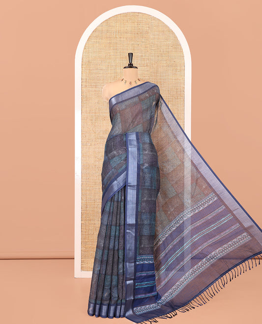 Blue Linen Cotton Saree, Bedecked with Big Checked Design Abstract Print on Its Body, a Subtle Bavanji Border, Geometric Printed Pallu, and Paired with a Matching Blouse