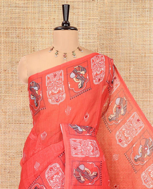 Red Linen Cotton Saree, Adorned with Buttas and Mirror Work, an Intricate Printed Border, and a Matching Blouse