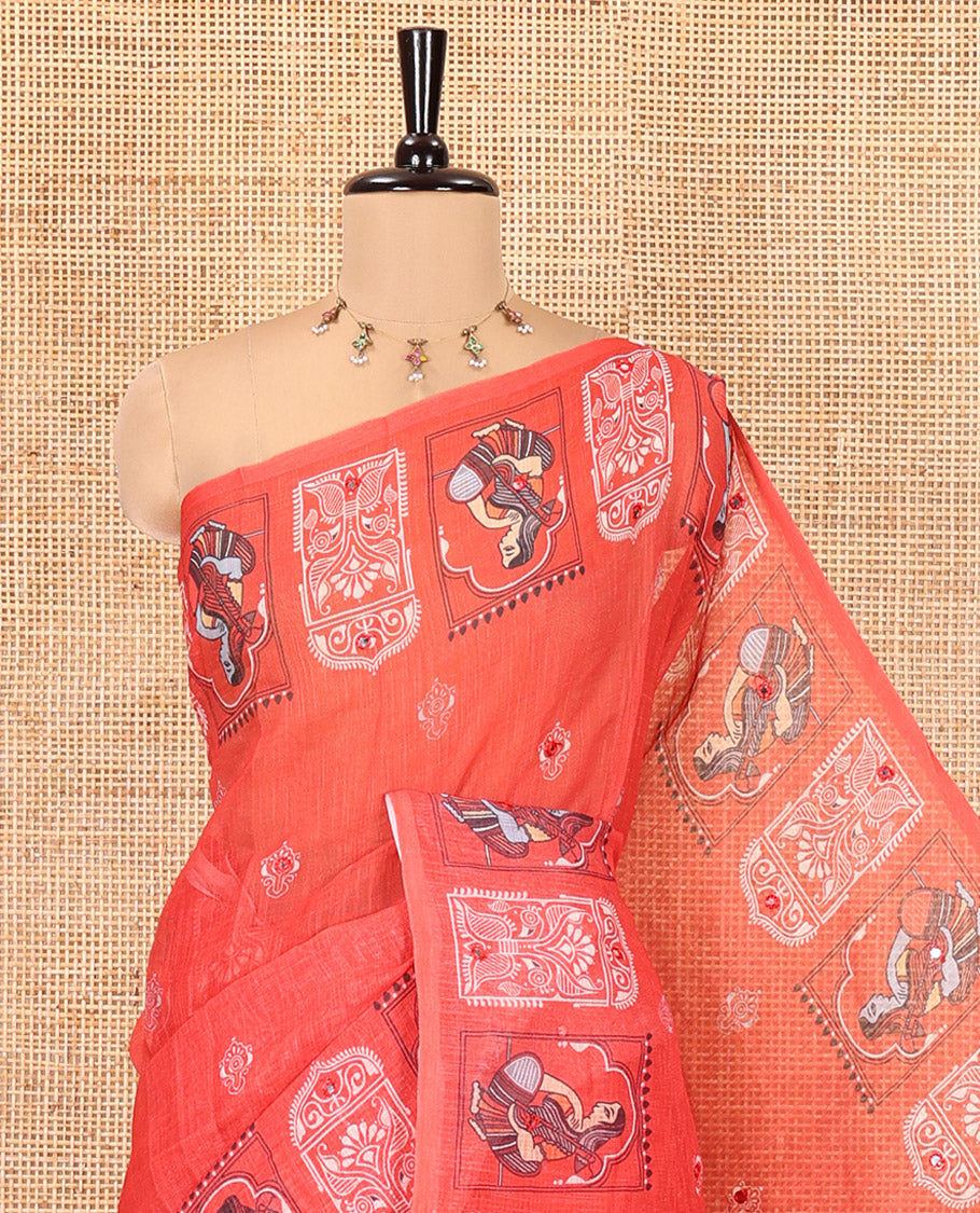 Red Linen Cotton Saree, Adorned with Buttas and Mirror Work, an Intricate Printed Border, and a Matching Blouse