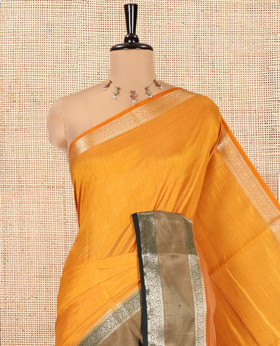 Mustard Plain Art Tussar Saree, Complemented by Contrast Rettai Pettu Border, Striped Pallu, and a Contrast Blouse