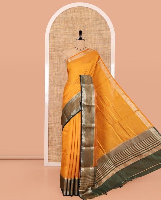 Mustard Plain Art Tussar Saree, Complemented by Contrast Rettai Pettu Border, Striped Pallu, and a Contrast Blouse