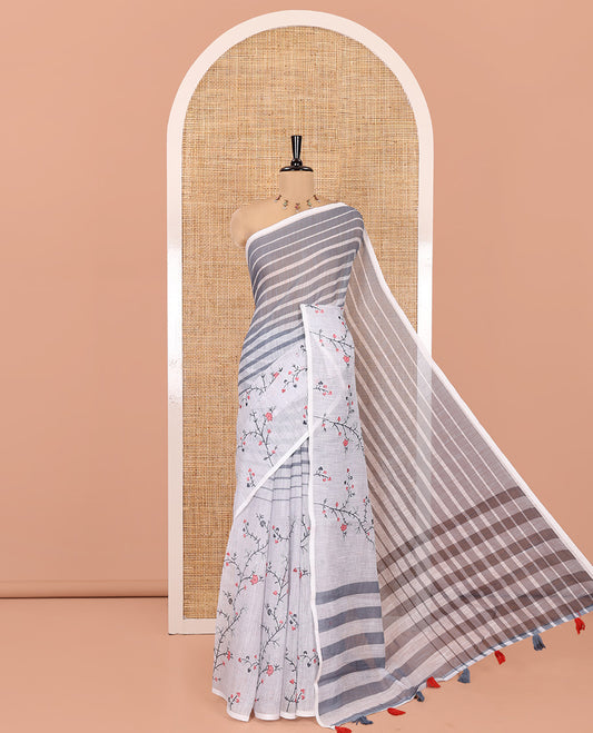 Borderless Grey Linen Cotton Saree Features Stripes, Floral Print, Striped Pallu, and a Matching Blouse