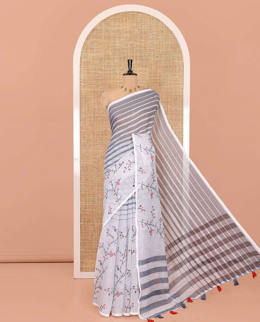 Borderless Grey Linen Cotton Saree Features Stripes, Floral Print, Striped Pallu, and a Matching Blouse