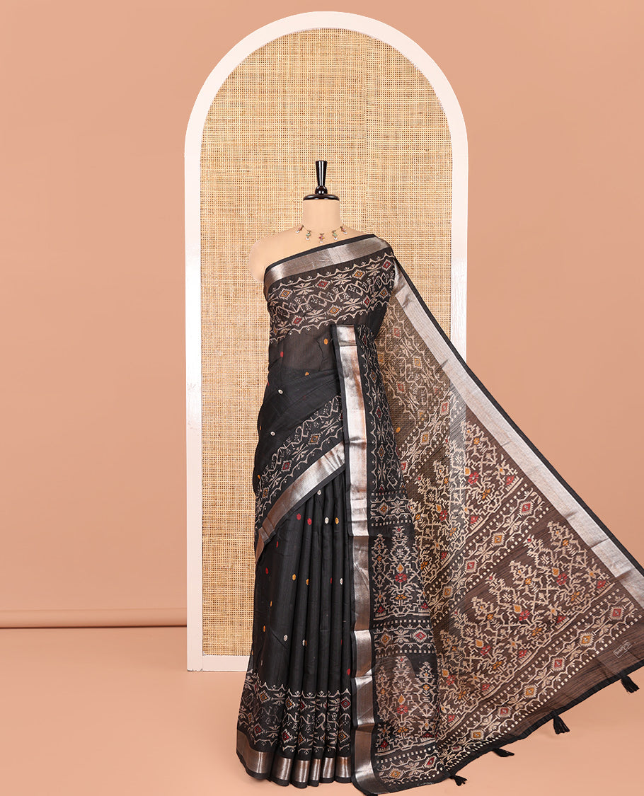 Black Jute Linen Saree, Steeped with Jamdani Buttas, a Silver Zari Border, Jamdani Pallu and a Plain Blouse