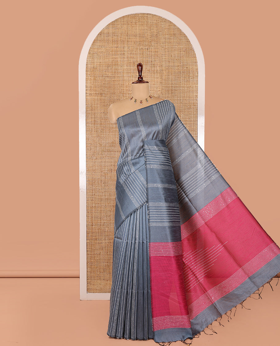 Borderless Grey Semi-Raw Silk Saree, Decorated with Sequined Stripes, a Contrast Zari Striped Pallu, and Contrast Blouse