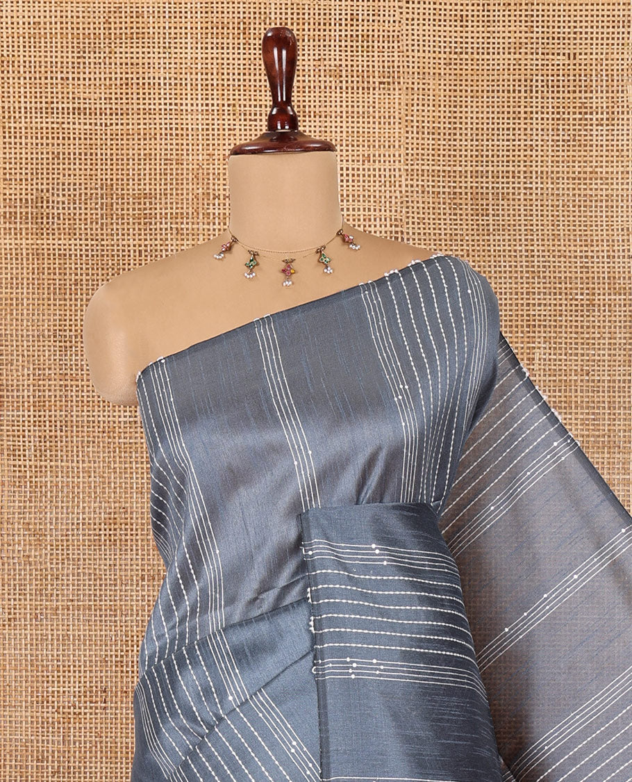 Borderless Grey Semi-Raw Silk Saree, Decorated with Sequined Stripes, a Contrast Zari Striped Pallu, and Contrast Blouse
