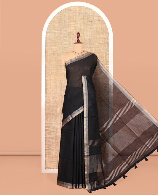 Black Plain Linen Cotton Saree, a Subtle Zari Border, a Self-Pallu, and Matching Blouse