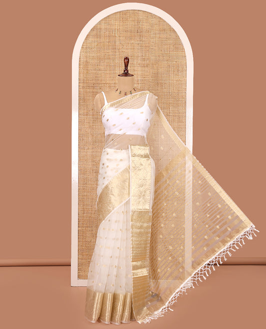 Cream Semi-Organza Saree, Steeped in Richness of Zari Buttas, Highlighted by a Zari Floral Creeper Border, and a Matching Blouse