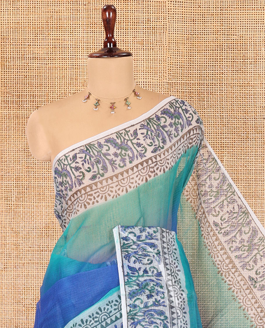 Blue Plain Ombre-Styled Kota Doria Saree, a Contrast Floral Printed Border, and a Contrast Printed Blouse