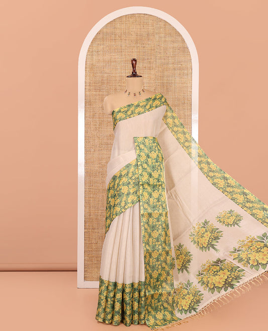 Gold Plain Tissue Saree, Complemented by Contrast Floral-Leaf Printed Border, a Self-Pallu, and a Contrast Blouse