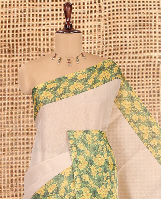 Gold Plain Tissue Saree, Complemented by Contrast Floral-Leaf Printed Border, a Self-Pallu, and a Contrast Blouse