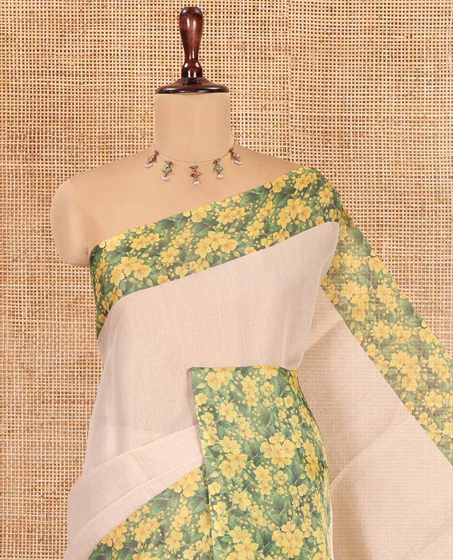 Gold Plain Tissue Saree, Complemented by Contrast Floral-Leaf Printed Border, a Self-Pallu, and a Contrast Blouse