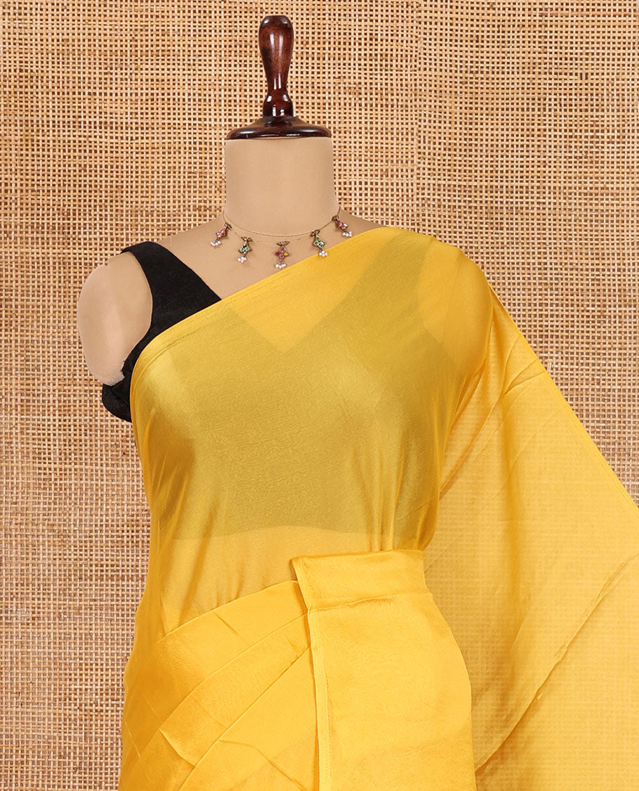 Borderless Yellow Plain Crushed Rangoli Chiffon Saree, Comes with a Matching Designer Blouse
