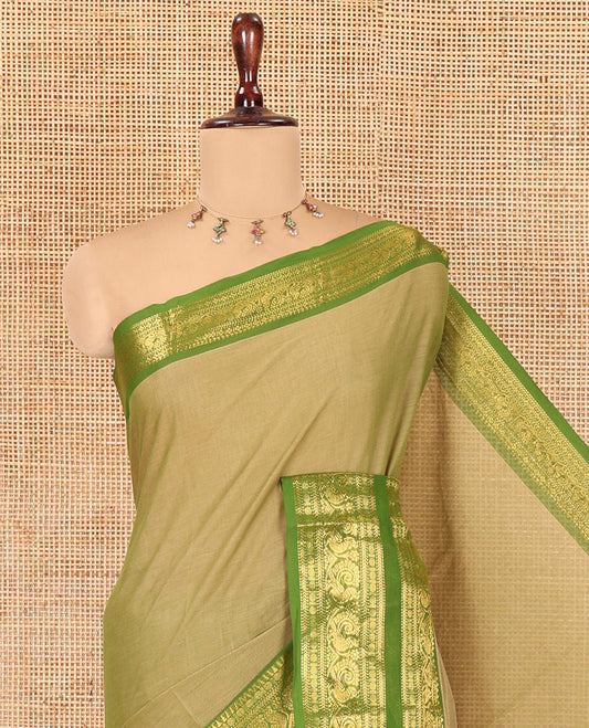 Green Plain Chettinad Cotton Saree, a Contrast Traditional Rettai Pettu Temple Border, Striped Palu, and a Matching Blouse
