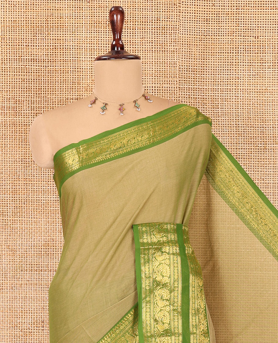 Green Plain Chettinad Cotton Saree, a Contrast Traditional Rettai Pettu Temple Border, Striped Palu, and a Matching Blouse