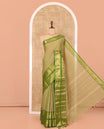 Green Plain Chettinad Cotton Saree, a Contrast Traditional Rettai Pettu Temple Border, Striped Palu, and a Matching Blouse