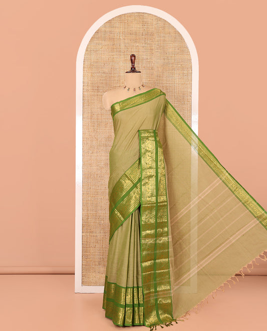 Green Plain Chettinad Cotton Saree, a Contrast Traditional Rettai Pettu Temple Border, Striped Palu, and a Matching Blouse