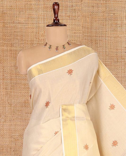Gold Kerala Cotton Saree, Adorned with Floral Print, a Zari Border, Pallu of Bharatanatyam Girl Figurine, and a Contrast Blouse