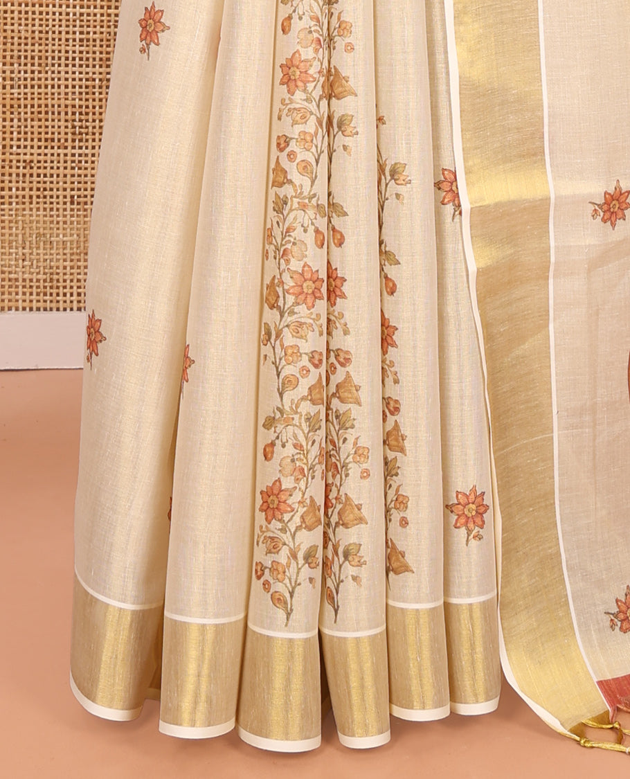 Gold Kerala Cotton Saree, Adorned with Floral Print, a Zari Border, Pallu of Bharatanatyam Girl Figurine, and a Contrast Blouse