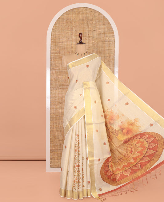 Gold Kerala Cotton Saree, Adorned with Floral Print, a Zari Border, Pallu of Bharatanatyam Girl Figurine, and a Contrast Blouse