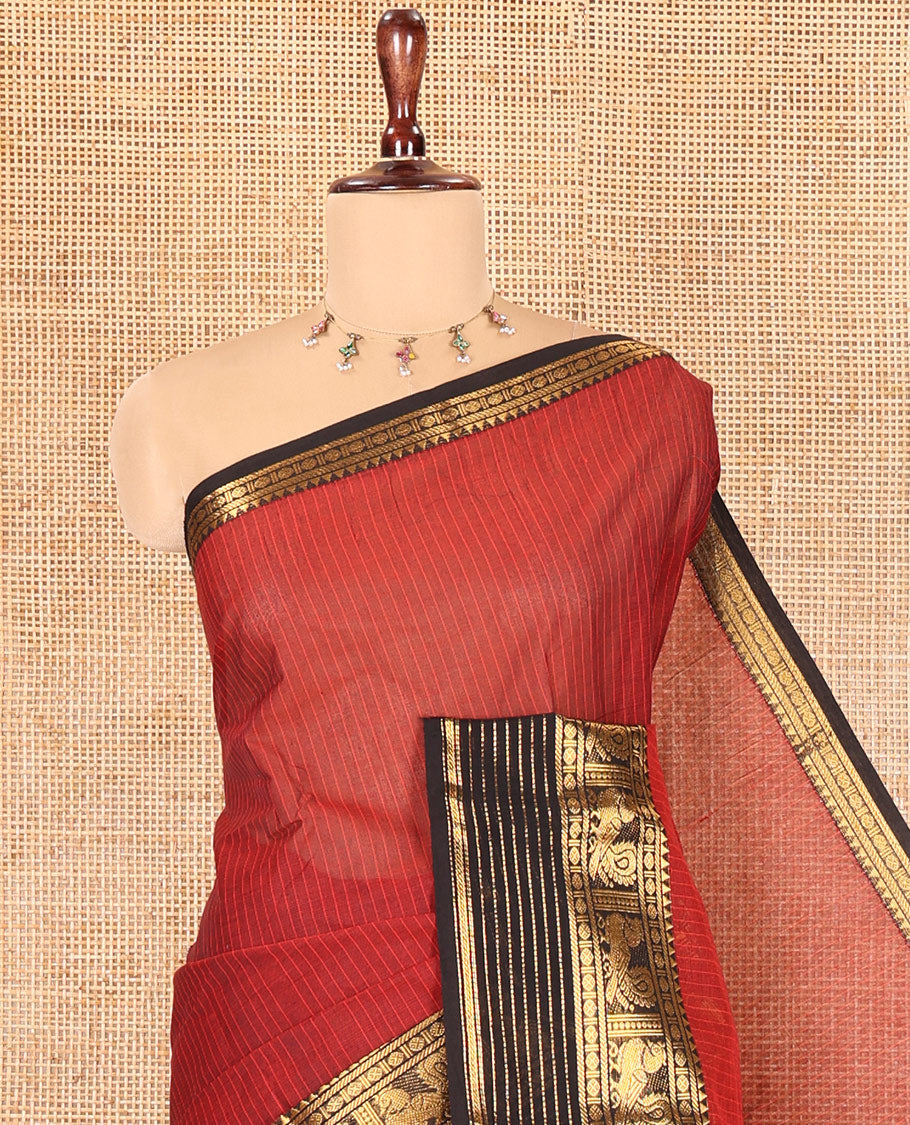 Maroon Striped Chettinad Cotton Saree, Complemented by a Contrast Traditional Temple Border, Striped Pallu, and a Matching Blouse