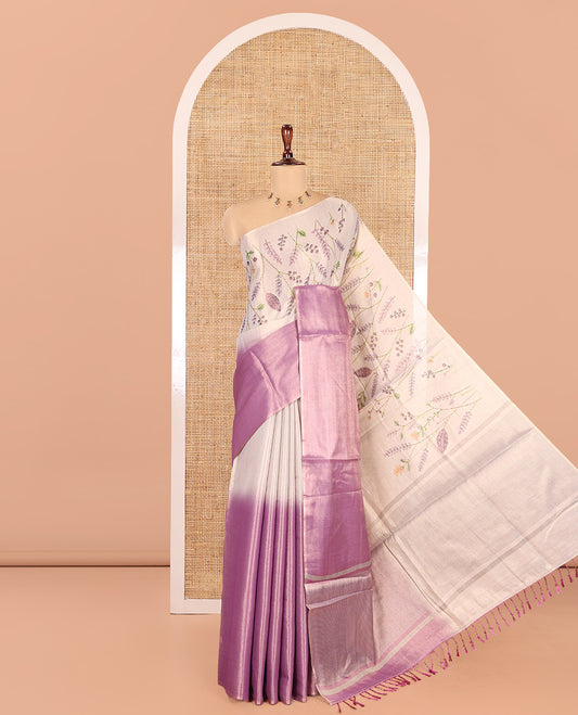 Borderless Gold-Violet Tissue Saree, Adorned with Half-And-Half Plain and Floral Print, and a Contrast Blouse