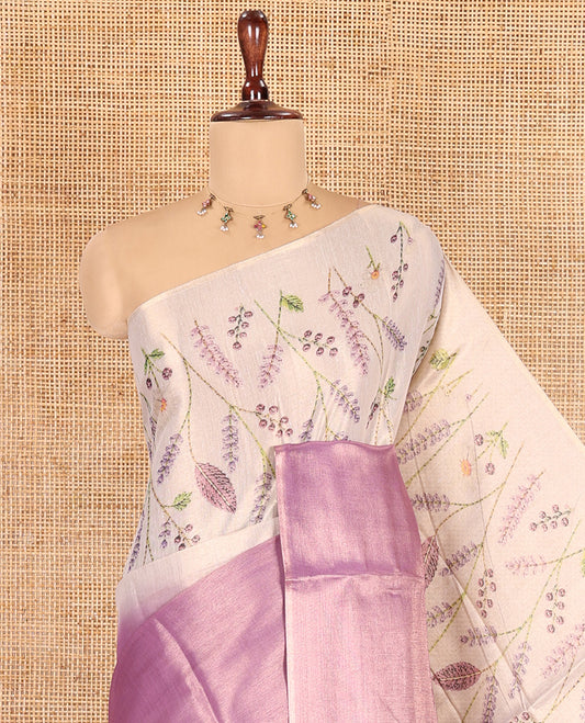 Borderless Gold-Violet Tissue Saree, Adorned with Half-And-Half Plain and Floral Print, and a Contrast Blouse