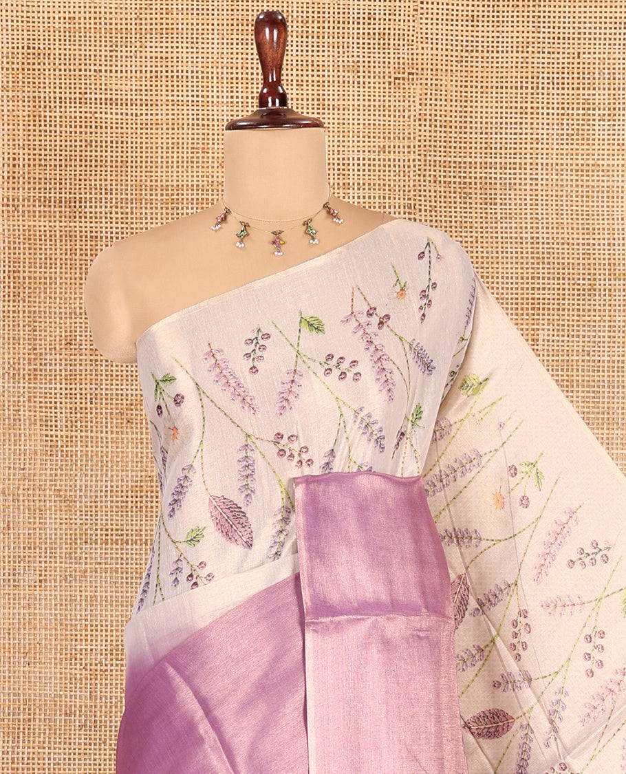 Borderless Gold-Violet Tissue Saree, Adorned with Half-And-Half Plain and Floral Print, and a Contrast Blouse