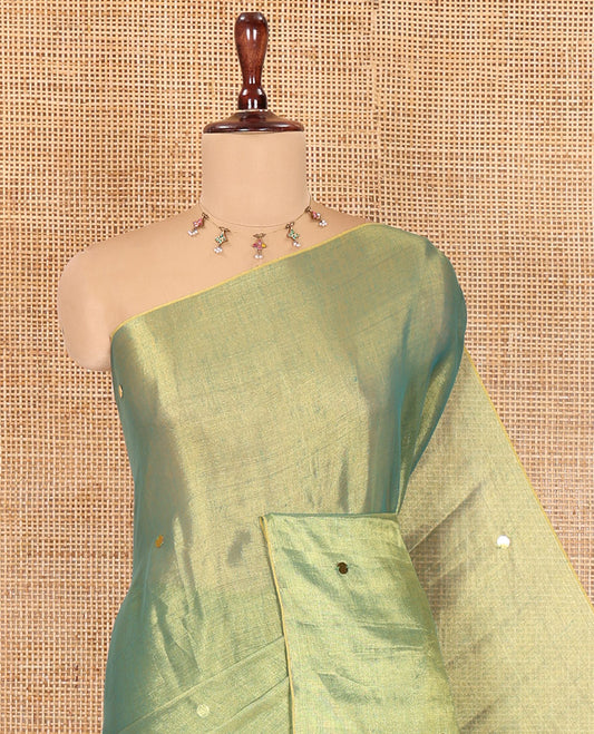 Borderless Green Khadi Tissue Saree, Gleamed Up with Sequin Work, a Self-Pallu, and a Matching Blouse